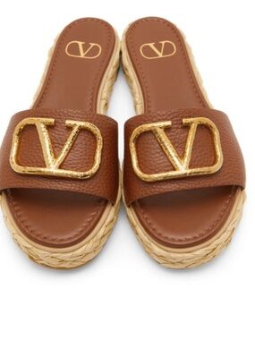Valentino Garavani Brown Leather V-Logo Espadrille Slide Sandals